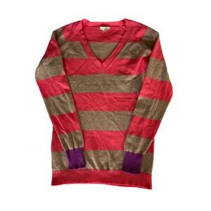 Garnet Hill Small Cashmere Brown Pink Purple Stripes V-neck Light Academia Soft